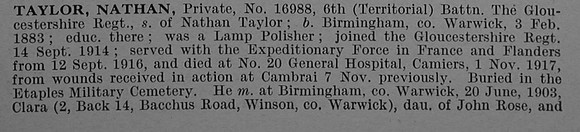 Taylor N Pte 16988 6th Gloucestershire Regiment Obit Part 1 De Ruvignys Roll Of Honour Vol 4