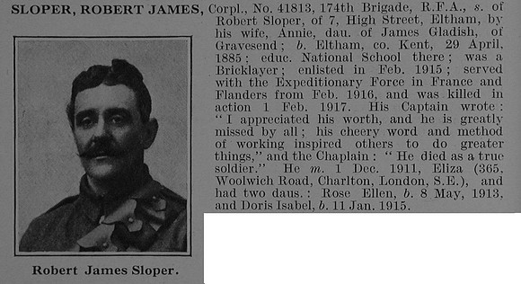 Sloper R J Cpl 41813 Royal Field Artillery Obit De Ruvignys Roll Of Honour Vol 3