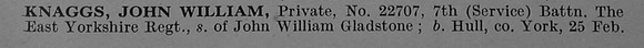 Knaggs J W Pte 22707 7th East Yorkshire Regiment Obit Part 1 De Ruvignys Roll Of Honour Vol 4
