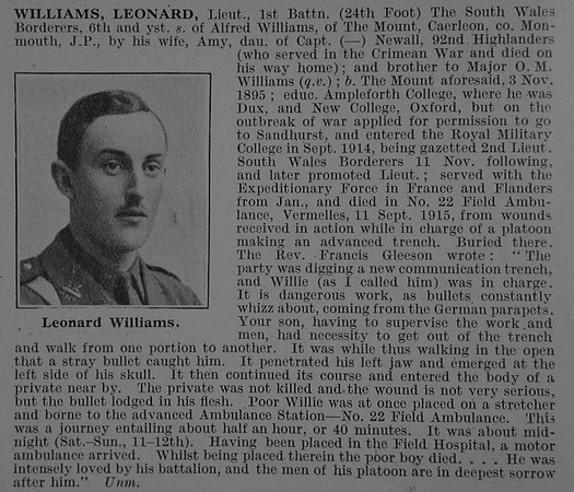 Williams L Lt 1st South Wales Borderers Obit De Ruvignys Roll Of Honour Vol 3