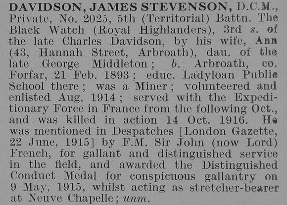 Davidson J S Pte DCM 5th Black Watch Obit De Ruvignys Roll Of Honour Vol 3