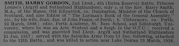 Smith H G 2nd Lt 4th Attd 12th Argyll and Sutherland Highlanders Obit Part 1 De Ruvignys Roll Of Honour Vol 4