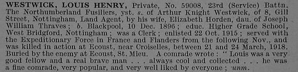 Westwick L H Pte 59008 23rd Northumberland Fusiliers Obit De Ruvignys Roll Of Honour Vol 4
