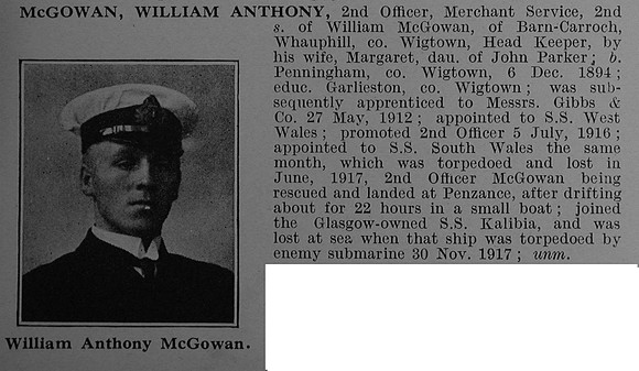 McGowan W A Third Mate S.S. Kalibia (Glasgow) Mercantile Marine Obit De Ruvignys Roll Of Honour Vol 4