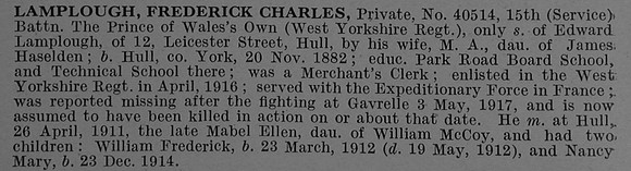 Lamplough F C Pte 40514 15th West Yorkshire Regiment Obit De Ruvignys Roll Of Honour Vol 4