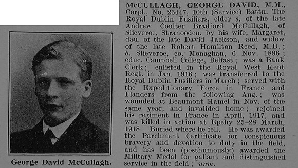 McCullagh G D Cpl MM 26447 10th Royal Dublin Fusiliers Obit De Ruvignys Roll Of Honour Vol 4