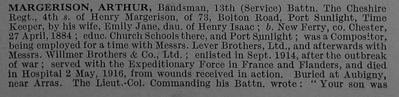 Margerison A Bandsman W-198 13th Cheshire Regiment Obit Part 1 De Ruvignys Roll Of Honour Vol 4