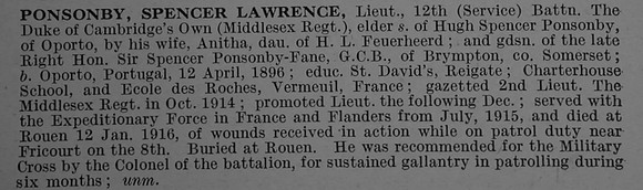 Ponsonby S L Lt 12th Middlesex Regiment Obit De Ruvignys Roll Of Honour Vol 4