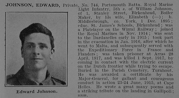 Johnson E Pte 744 Portsmouth Btn Royal Marine Light Infantry Obit De Ruvignys Roll Of Honour Vol 5