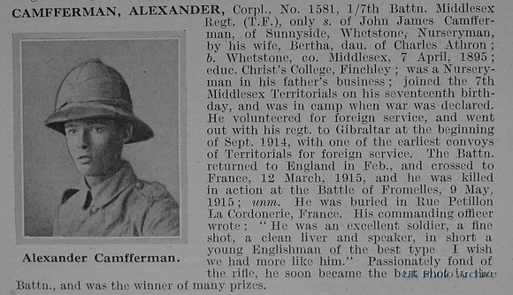 Camfferman A Cpl 1581 7th Middlesex Regiment Obituary De Ruvignys Roll Of Honour Vol 1