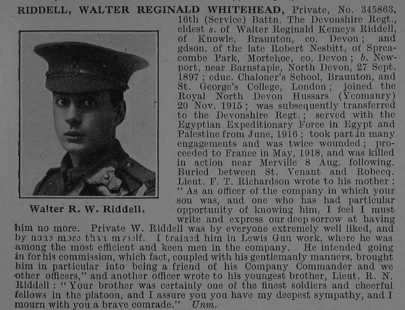 Riddell W R W Pte 345863 16th Devonshire Regiment Obit De Ruvignys Roll Of Honour Vol 4