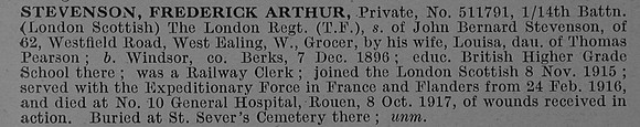 Stevenson F A Pte 511791 14th London Regiment Obit De Ruvignys Roll Of Honour Vol 4