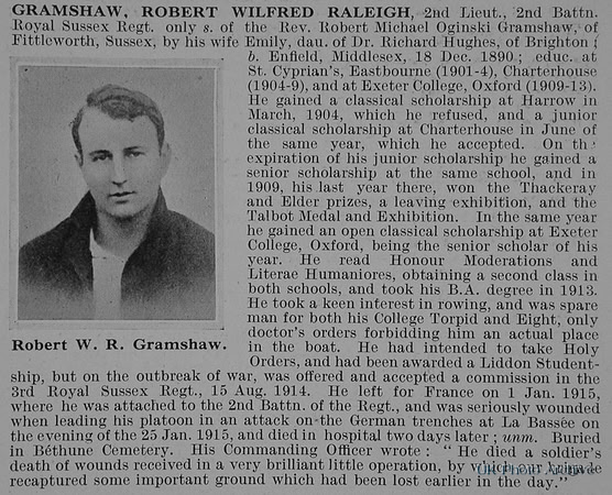 Gramshaw R W R 2nd Lt 2nd Royal Sussex Regiment Obit