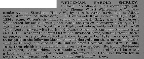 Whiteman H S L/Cpl 505464 Labour Corps Obit De Ruvignys Roll Of Honour Vol 4