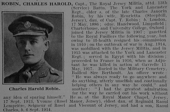 Robin C H Captain 13th York & Lancs Regiment Obit De Ruvignys Roll Of Honour Vol 3