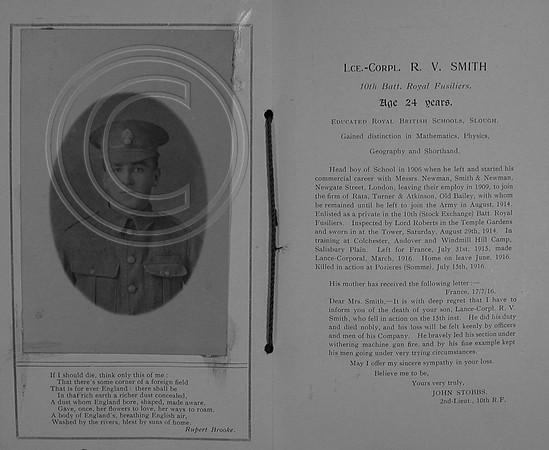 Smith R V L/Cpl STK/1116 10th Royal Fusiliers Croydon Roll Of Honour