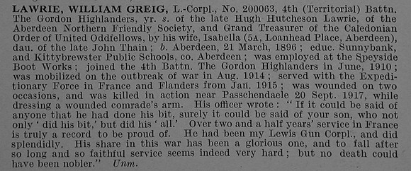 Lawrie W G L/Cpl 200063 4th Gordon Highlanders Obit De Ruvignys Roll Of Honour Vol 4