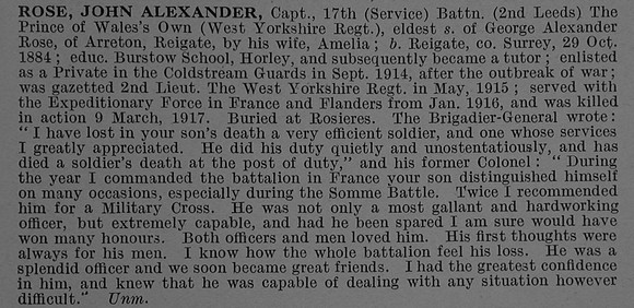 Rose J A Captain 17th West Yorkshire Regiment Obit De Ruvignys Roll Of Honour Vol 4