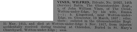 Vines W Pte 20921 14th Gloucestershire Regiment Obit De Ruvignys Roll Of Honour Vol 4