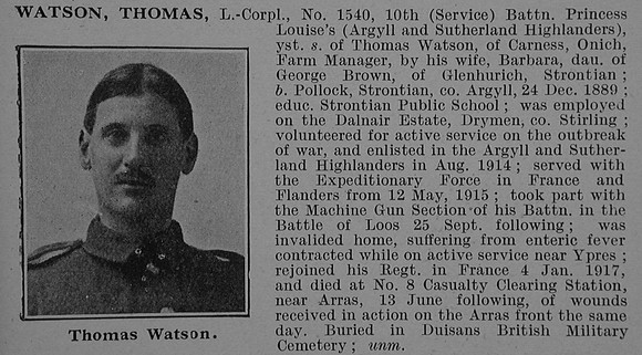 Watson T L/Cpl 1540 10th Argyll & Sutherland Highlanders Obit De Ruvignys Roll Of Honour Vol 4