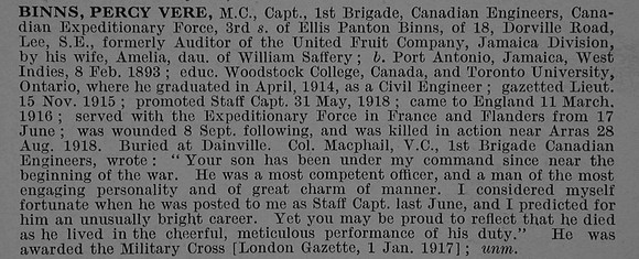 Binns P V Captain MC Canadian Engineers Obit De Ruvignys Roll Of Honour Vol 4