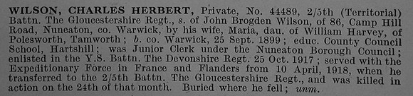 Wilson C H Pte 44489 5th Gloucestershire Regiment Obit De Ruvignys Roll Of Honour Vol 4