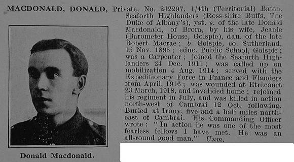 MacDonald D Pte 242297 4th Seaforth Highlanders Obit De Ruvignys Roll Of Honour Vol 5
