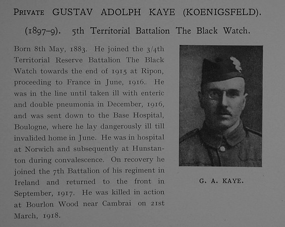 Kaye (Koenigsfeld) G A Pte 293066 5th Attd 7th Black Watch (Royal Highlanders) Obit Dulwich College Roll Of Honour