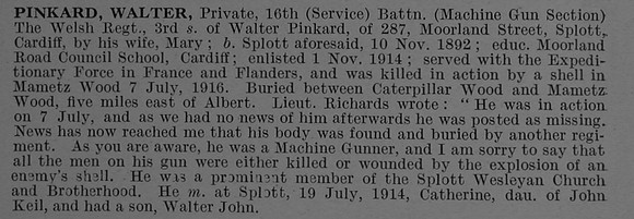 Pinkard W Pte 23120 16th Royal Welsh Fusiliers Obit De Ruvignys Roll Of Honour Vol 4