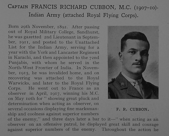 Cubbon F R Captain MC Royal Flying Corps Obit Part 1 Dulwich College Roll Of Honour