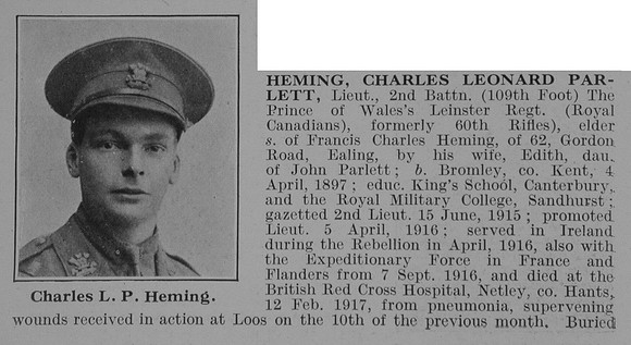 Heming C L P Lt 2nd Leinster Regiment Obit Part 1 De Ruvugnys Roll Of Honour Vol 3