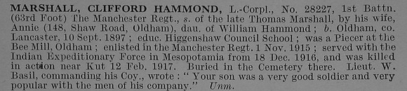 Marshall C H L/Cpl 28227 1st Manchester Regiment Obt De Ruvignys Roll Of Honour Vol 4