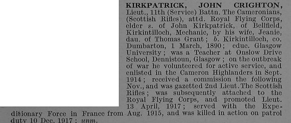 Kirkpatrick J C Lt 11th Cameronians Attd Royal Flying Corps Obit De Ruvignys Roll Of Honour Vol 4