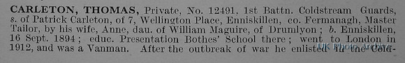 Carleton T Pte 12491 1st Coldstream Guards Obituary Part 1 De Ruvignys Roll Of Honour Vol 1