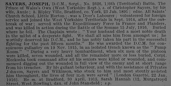 Sayers J Sergt DCM 2626 6th West Yorkshire Regiment (Prince of Wales's Own) Obit De Ruvignys Roll Of Honour Vol 4