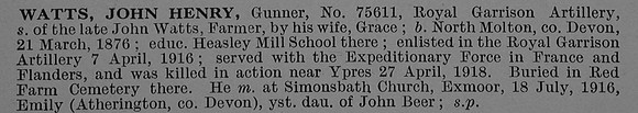 Watts J H Gnr 75611 Royal Garrison Artillery Obit De Ruvignys Roll Of Honour Vol 4
