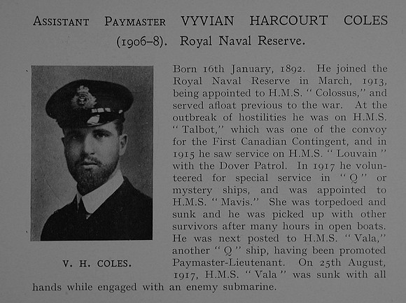 Coles V H Asst Paymaster H.M.S. Vala Royal Naval Reserve Obit Dulwich College Roll Of Honour