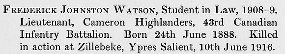 Watson F J Lt 43rd CEF bit St Andews University Roll Of Honour
