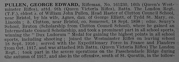 Pullen G E Rfn 161230 16th London Regiment Attd 9th London Regiment Obit Part 1 De Ruvignys Roll Of Honour Vol 4