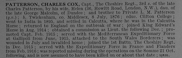 Patterson C C Captain 1st Cheshire Regiment Obit De Ruvignys Roll Of Honour Vol 4