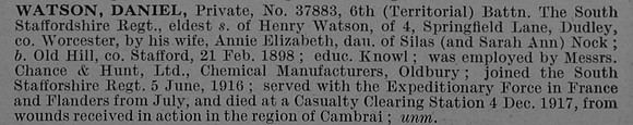 Watson D Pte 37883 6th South Staffordshire Regiment Obit De Ruvignys Roll Of Honour Vol 4
