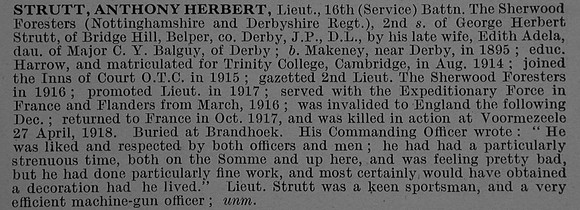 Strutt A H Lt 16th Sherwood Foresters (Notts and Derby Regiment) Obit De Ruvignys Roll Of Honour Vol 4