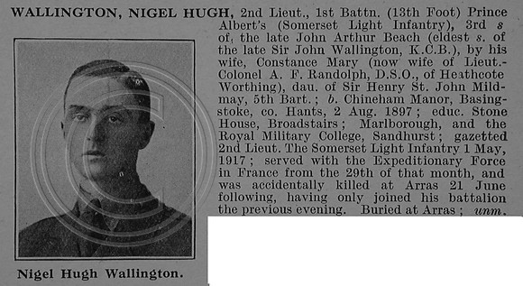 Wallington N H 2nd Lt 1st Somerset Light Infantry Obit De Ruvignys Roll Of Honour Vol 4