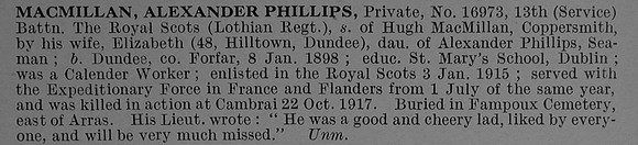 MacMillan A P Pte 16973 13th Royal Scots Obit De Ruvignys Roll Of Honour Vol 4