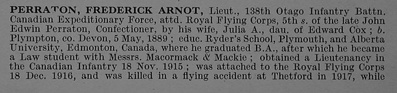 Perraton F A Lt 21st Canadian Infantry (Eastern Ontario Regiment) Attd Royal Flying Corps Obit Part 1 De Ruvignys Roll Of Honour Vol 4