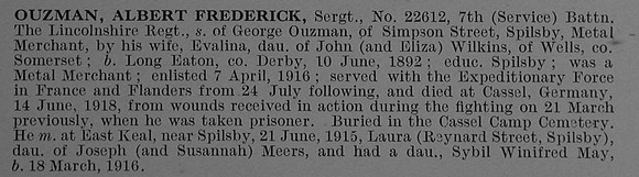Ouzman A F Sergt 22612 7th Lincolnshire Regiment Obit De Ruvignys Roll Of Honour Vol 4