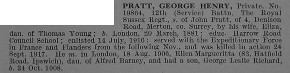 Pratt G H Pte 19864 12th Royal Sussex Regiment Obit De Ruvignys Roll Of Honour Vol 4
