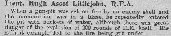 Littlejohn H A Lt Royal Field Artillery MC Citation The Graphic 21st Aug 1916