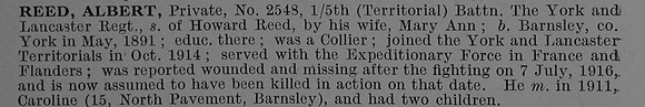 Reed A Pte 2548 5th York & Lancaster Regiment Short Obit De Ruvignys Roll Of Honour Vol 4