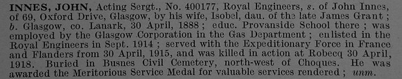 Innes J Acting Sergt 400177 Royal Engineers Obit De Ruvignys Roll Of Honour Vol 4